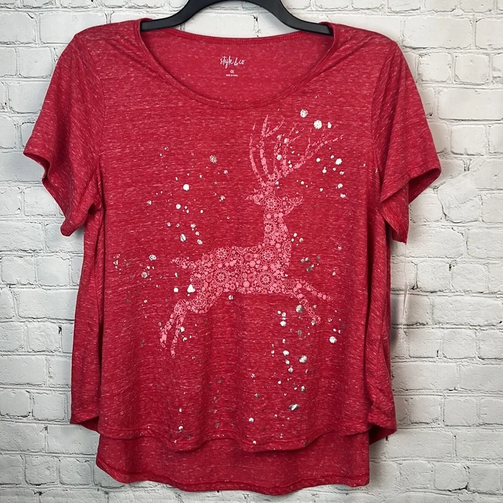 0X 1X Style & Co Reindeer Holiday Graphic Tee Christmas Top Plus Size - Picture 2 of 5